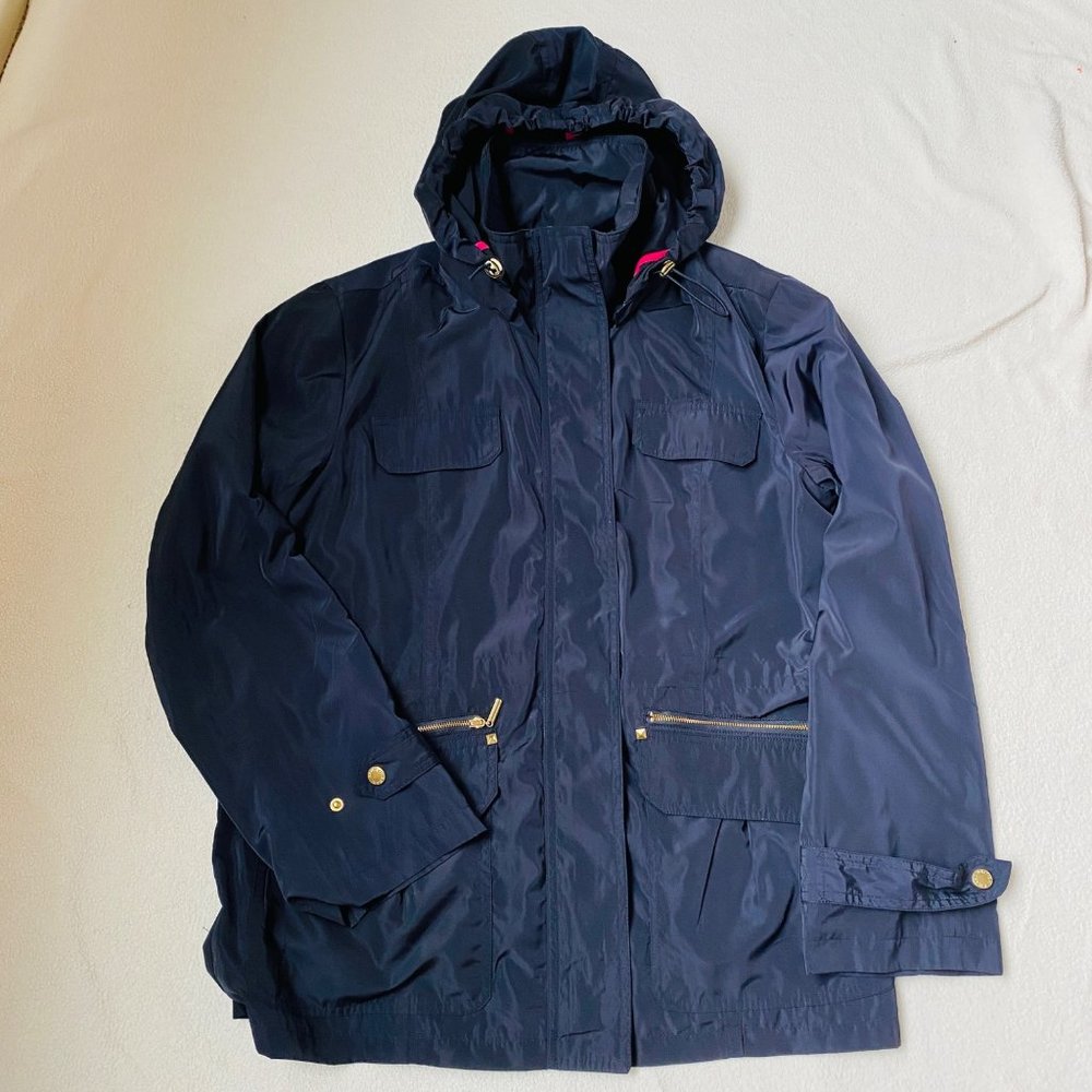 British Khaki Lightweight Hooded Gold Buttoned Utility Jacket Navy Blue L